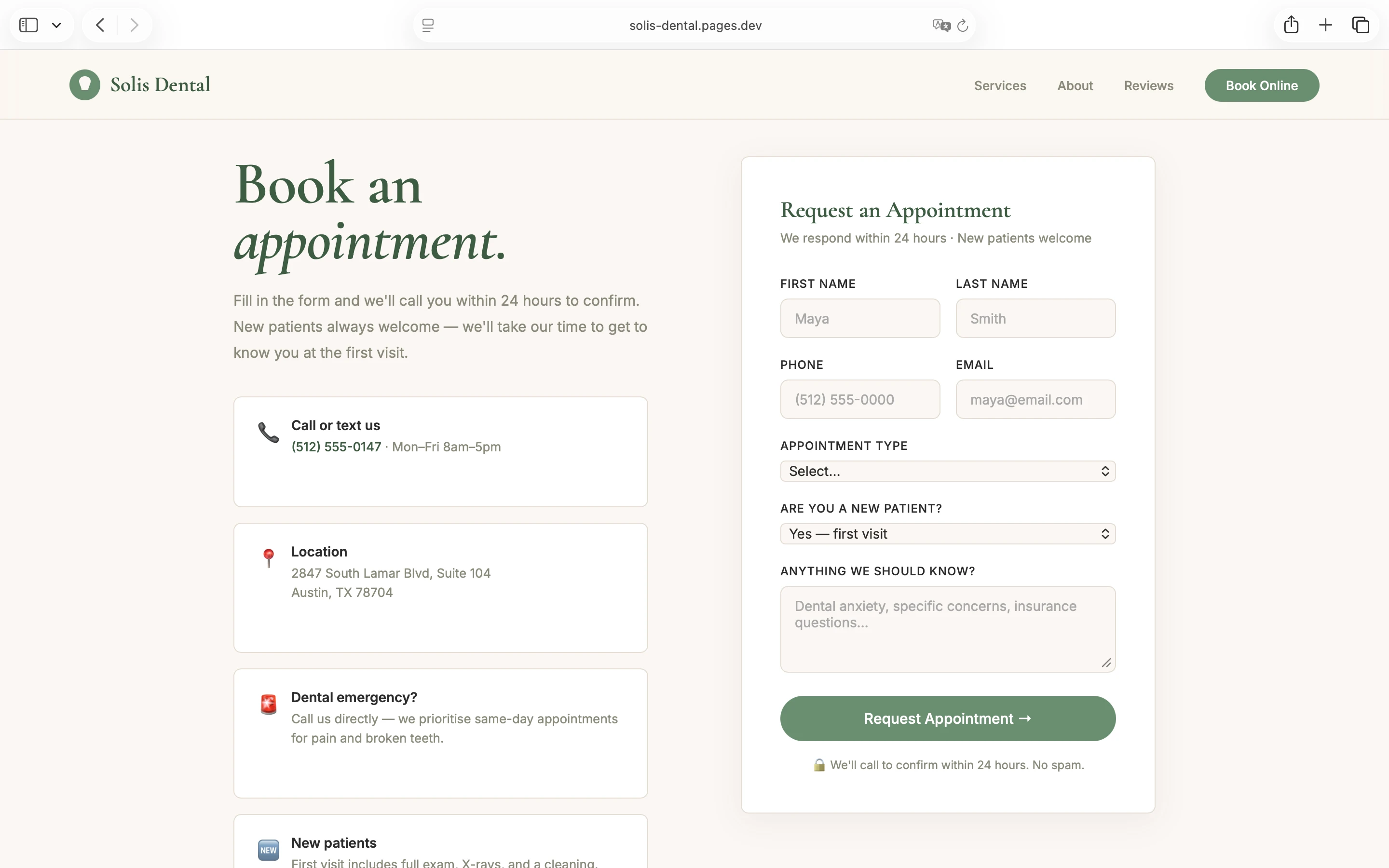 Solis Dental booking form