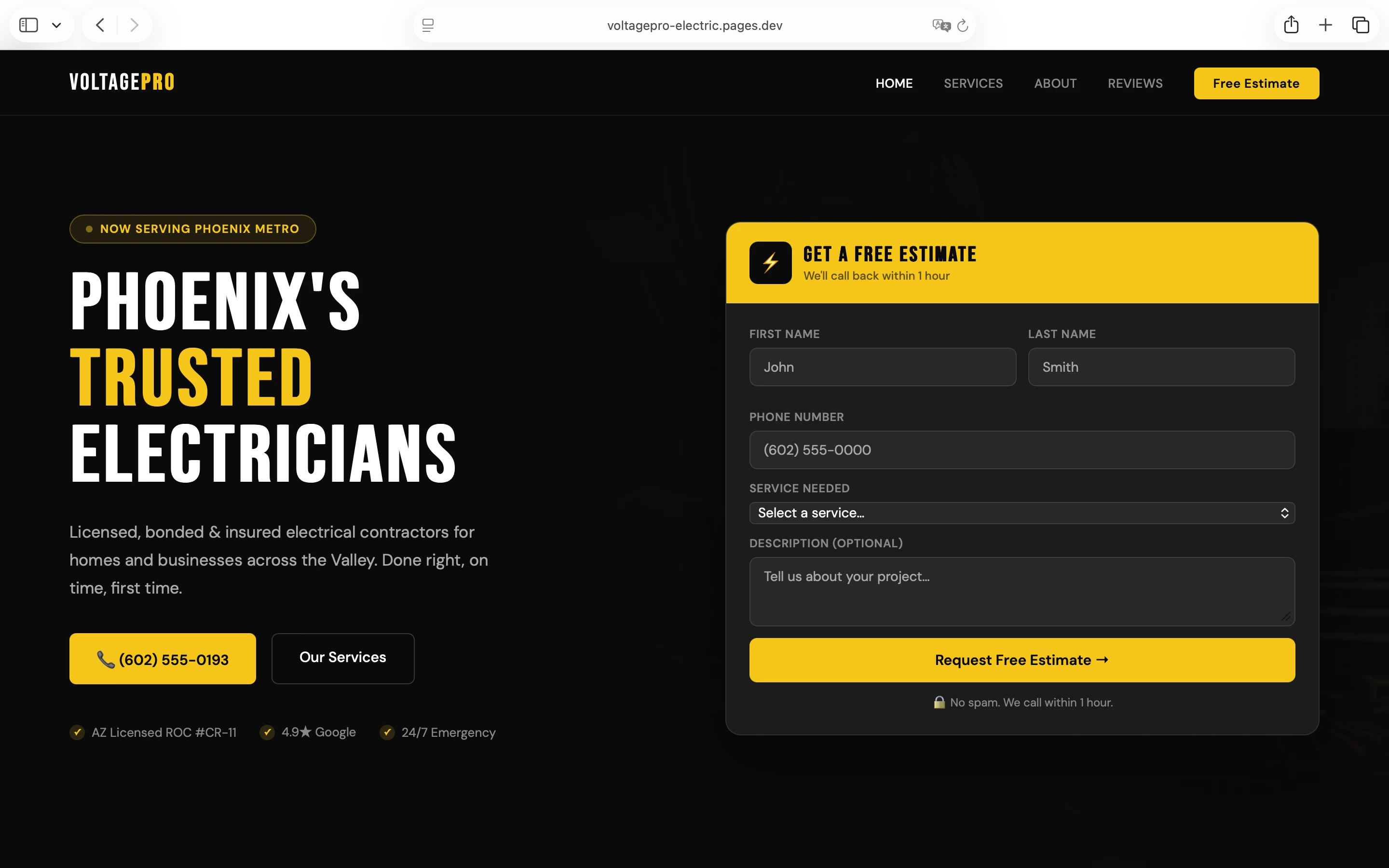 VoltagePro homepage — first screen